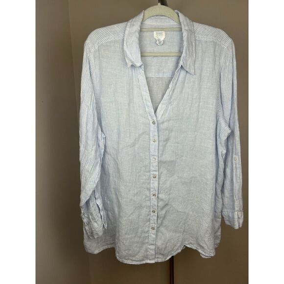 Sigrid Olsen Linen Cotton Long Roll Tab Sleeve Button Down Shirt Blue Striped 2X - Picture 1 of 4